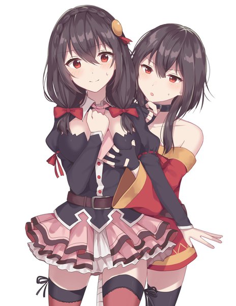 Anime picture 1116x1443 with kono subarashii sekai ni shukufuku wo! studio deen megumin yunyun (konosuba) izumo neru long hair tall image looking at viewer blush fringe short hair breasts open mouth light erotic black hair simple background hair between eyes red eyes large breasts standing