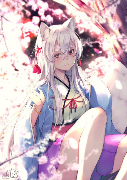 Anime picture 1417x2000 with original chita (ketchup) single long hair tall image looking at viewer blush fringe hair between eyes red eyes sitting signed animal ears bent knee (knees) white hair tail traditional clothes japanese clothes animal tail light smile