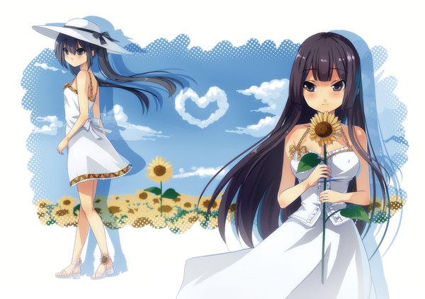 Anime picture 2149x1512 with k-on! kyoto animation akiyama mio nakano azusa xiangtu long hair blush highres black hair twintails bare shoulders multiple girls sky cloud (clouds) black eyes shadow girl dress flower (flowers) 2 girls