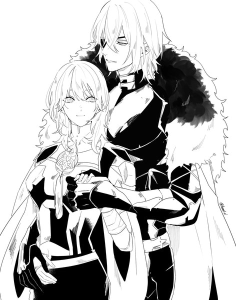 Anime picture 1612x2048 with fire emblem fire emblem: three houses nintendo byleth (fire emblem) dimitri alexandre blaiddyd byleth (female) (fire emblem) hamut nl long hair tall image fringe short hair simple background smile hair between eyes standing white background looking away holding hands monochrome girl
