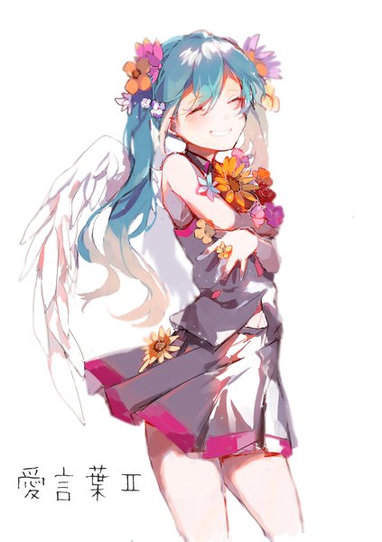 Anime picture 1200x1700 with vocaloid ai kotoba ii (vocaloid) hatsune miku karasu btk single long hair tall image blush fringe simple background smile hair between eyes standing white background twintails holding eyes closed pleated skirt hair flower aqua hair