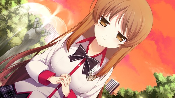 Anime picture 1280x720 with chuning lover hyoudou jun koso single long hair brown hair wide image brown eyes game cg girl uniform school uniform bowtie fountain