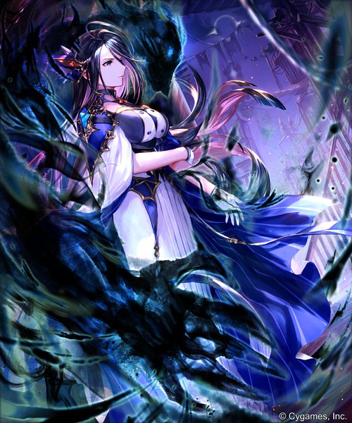 Anime picture 1050x1260 with shadowverse illganeau horror astray irua single long hair tall image breasts blue eyes black hair standing looking away purple hair ahoge outdoors profile multicolored hair wind night two-tone hair dutch angle