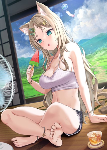 Anime picture 1500x2098 with original akino ell single long hair tall image blush fringe breasts open mouth light erotic blonde hair large breasts sitting bare shoulders holding animal ears looking away sky cleavage cloud (clouds)