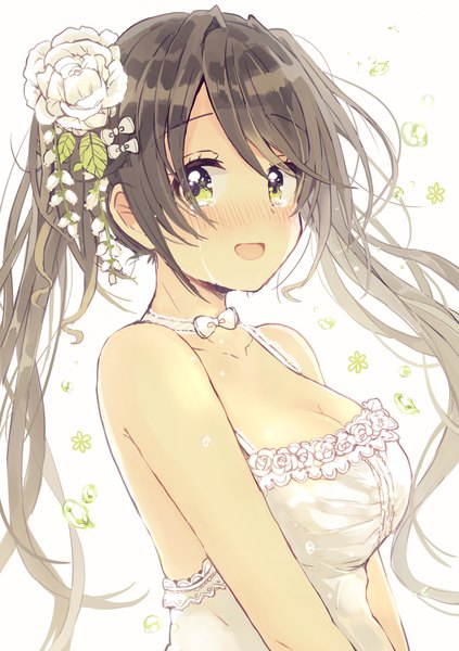 Anime picture 2856x4053 with original sakura oriko single long hair tall image looking at viewer blush fringe highres breasts open mouth simple background hair between eyes brown hair white background twintails bare shoulders green eyes cleavage upper body