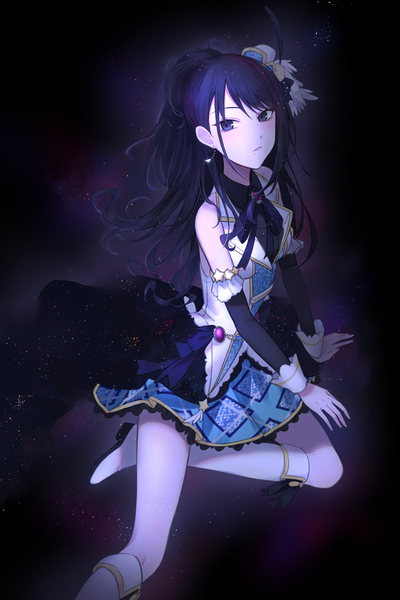 Anime picture 1228x1843 with idolmaster idolmaster shiny colors kazano hiori qb 516 single long hair tall image looking at viewer blush fringe black hair simple background hair between eyes payot ponytail parted lips mole grey eyes dark background mole under mouth