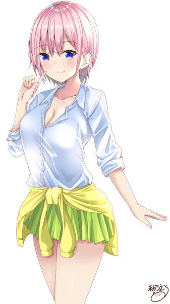 Anime picture 800x1423 with go-toubun no hanayome nakano ichika akino ell single tall image looking at viewer blush fringe short hair breasts simple background smile hair between eyes standing white background purple eyes signed pink hair cleavage pleated skirt