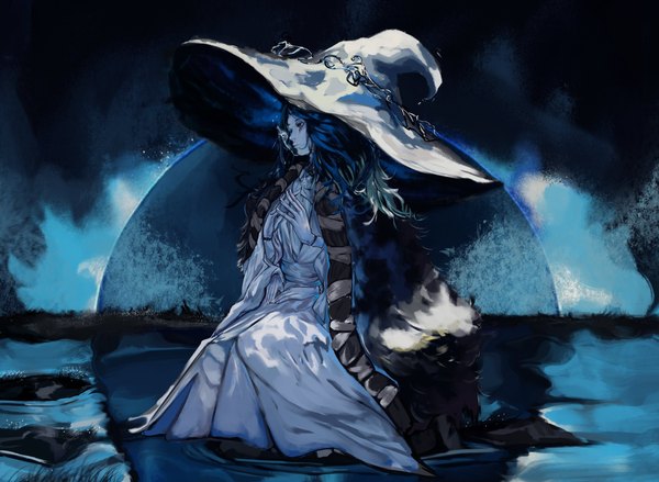 Anime picture 4096x2996 with elden ring ranni the witch kaiser (kaiserofart) single long hair highres blue eyes sitting blue hair looking away absurdres full body fingers together blue skin extra arms girl dress hat white dress witch hat