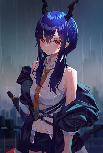 Anime picture 1228x1819 with arknights ch'en (arknights) munseonghwa single long hair tall image looking at viewer blush fringe breasts light erotic hair between eyes red eyes standing twintails bare shoulders payot blue hair outdoors horn (horns)