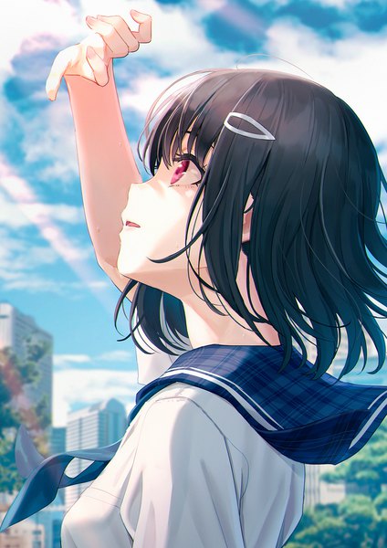Anime picture 1131x1600 with original hyuuga azuri single tall image fringe short hair open mouth black hair sky cloud (clouds) upper body outdoors profile pink eyes arm up wind sunlight blurry sweat depth of field