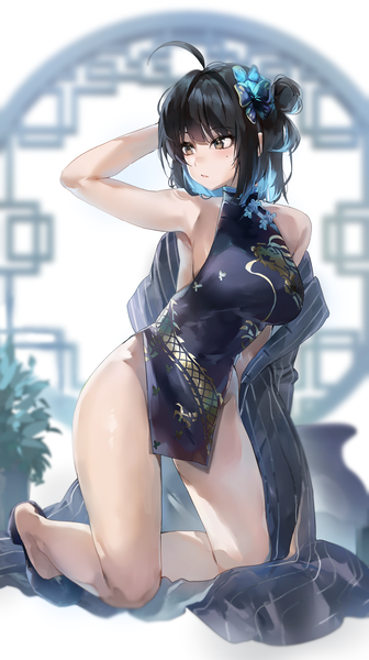 Anime picture 2960x5280 with blue archive original irene (kanniiepan) kisaki (blue archive) kanniiepan single tall image fringe highres short hair breasts light erotic black hair bare shoulders brown eyes full body ahoge blunt bangs traditional clothes multicolored hair