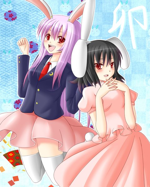 Anime picture 1748x2185 with touhou reisen udongein inaba inaba tewi hanazome dotera long hair tall image blush highres short hair open mouth black hair red eyes multiple girls animal ears purple hair bunny ears bunny girl jumping girl thighhighs