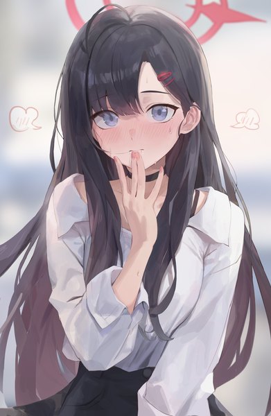 Anime-Bild 3846x5908 mit blue archive ichika (blue archive) rang go single long hair tall image looking at viewer fringe highres blue eyes black hair standing absurdres upper body sweat hair in mouth girl shirt choker white shirt