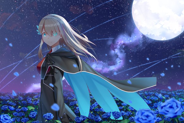 Anime picture 1764x1180 with warship girls r ji dao ji single long hair looking at viewer fringe highres blonde hair standing aqua eyes wind hair over one eye night night sky milky way girl flower (flowers) rose (roses) moon star (stars)