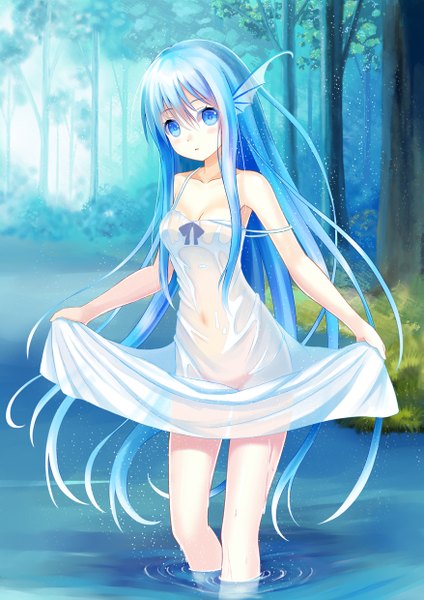 Anime picture 877x1240 with original setona (daice) single long hair tall image looking at viewer blush light erotic blue hair wet clothes river girl dress plant (plants) tree (trees) water sundress