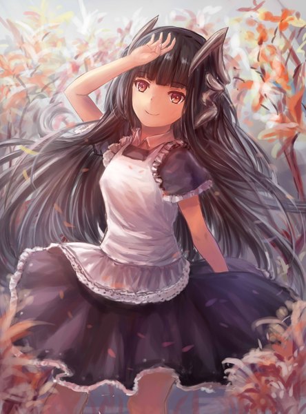Anime picture 1200x1619 with original nio (jacky19921205) single long hair tall image looking at viewer fringe black hair smile standing horn (horns) girl dress flower (flowers) petals apron