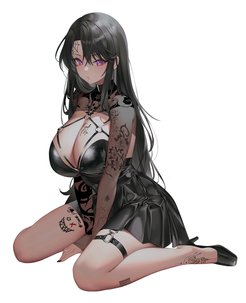 Anime picture 3262x4009 with original chomong single long hair tall image looking at viewer fringe highres breasts light erotic black hair simple background hair between eyes large breasts white background sitting purple eyes payot absurdres cleavage