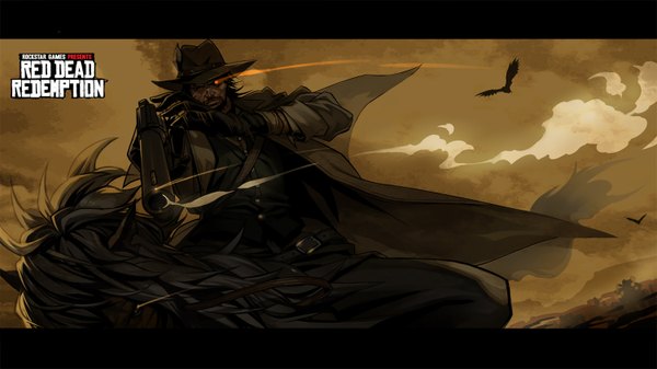 Anime picture 1500x844 with red dead redemption john marston mhk (mechamania) single short hair black hair wide image black eyes inscription glowing scar glowing eye (eyes) riding boy gloves weapon hat animal belt bird (birds)