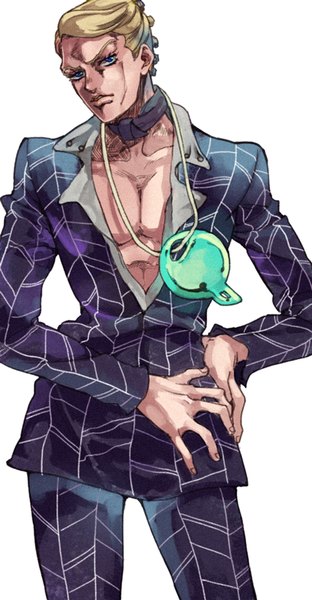Anime picture 416x800 with jojo no kimyou na bouken prosciutto halu-ca single tall image short hair blue eyes simple background blonde hair standing white background looking away hands on hips boy choker suit