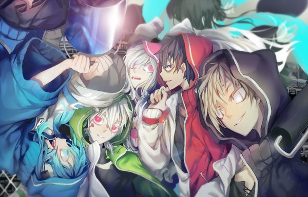 Anime picture 1562x1000 with kagerou project shaft (studio) tateyama ayano mary (kagerou project) ene (kagerou project) kano shuuya konoha (kagerou project) syeoseul long hair looking at viewer fringe short hair open mouth smile red eyes brown hair holding looking away white hair aqua eyes