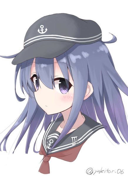 Anime picture 700x963 with kantai collection akatsuki destroyer yakitori (yakitori06) single long hair tall image looking at viewer blush fringe simple background hair between eyes white background purple eyes signed blue hair upper body ahoge close-up messy hair girl