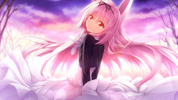 Anime picture 1280x720 with gleam garden no shoujo luna (gleam garden no shoujo) char single long hair looking at viewer smile red eyes wide image animal ears pink hair game cg looking back tears girl dress plant (plants) tree (trees)