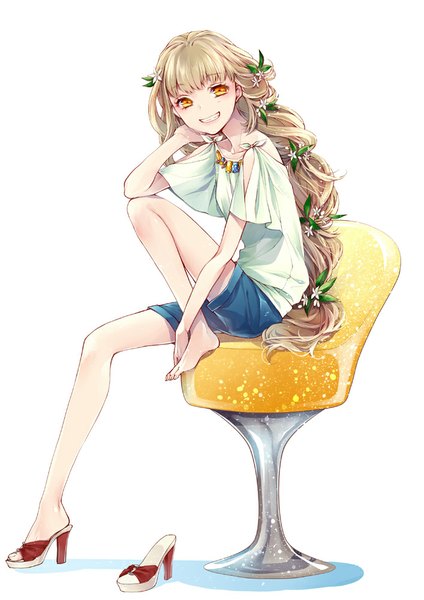 Anime picture 707x1000 with original orangina mikuni (mikunik) single long hair tall image looking at viewer blush simple background blonde hair smile white background sitting bare shoulders yellow eyes hair flower high heels girl hair ornament flower (flowers)