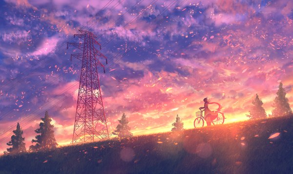 Anime picture 1800x1075 with original bounin single long hair highres wide image standing sky full body ahoge outdoors long sleeves wind sunlight from below lens flare evening sunset scenic wind lift