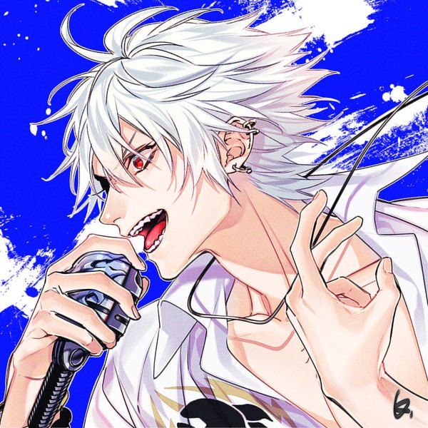 Anime picture 800x800 with hypnosis mic aohitsugi samatoki 5046m single fringe short hair open mouth hair between eyes red eyes looking away silver hair profile piercing ear piercing blue background boy microphone