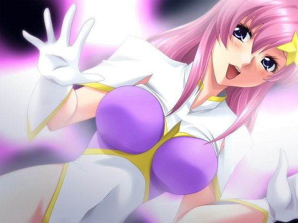 Anime picture 1024x768 with mobile suit gundam gundam seed destiny sunrise (studio) meer campbell circle epion single long hair fringe open mouth blue eyes light erotic hair between eyes pink hair :d girl hair ornament star (symbol) leotard star hair ornament