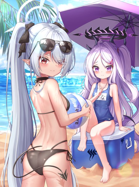 Anime picture 4255x5690 with blue archive hina (blue archive) iori (blue archive) iori (swimsuit) (blue archive) hina (swimsuit) (blue archive) apple mango long hair tall image looking at viewer blush fringe highres light erotic red eyes standing sitting purple eyes multiple girls holding absurdres