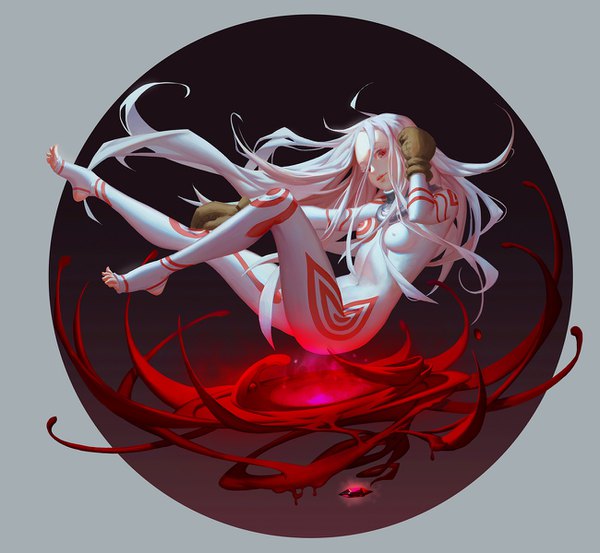 Anime picture 1300x1200 with deadman wonderland shiro (deadman wonderland) c home single long hair looking at viewer breasts light erotic red eyes full body white hair no shoes covered nipples midair albino girl bodysuit mittens