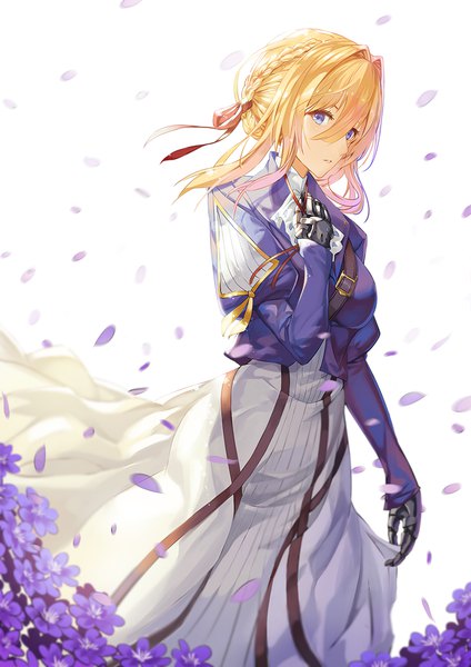 Anime picture 827x1169 with violet evergarden kyoto animation violet evergarden (character) riko (ccllnnhh) single long hair tall image fringe blue eyes blonde hair simple background hair between eyes white background looking away braid (braids) long sleeves parted lips wind mechanical mechanical arms