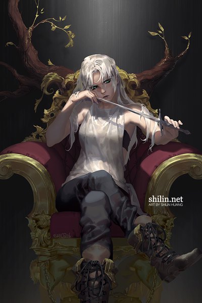 Anime picture 600x900 with original shilin single long hair tall image looking at viewer fringe sitting bare shoulders holding green eyes signed payot silver hair bent knee (knees) crossed legs black background lacing serious girl