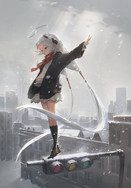Anime picture 1500x2156 with under night in-birth vatista dino (dinoartforame) single tall image red eyes standing twintails looking away silver hair full body ahoge outdoors very long hair open jacket low twintails city snowing spread arms cityscape