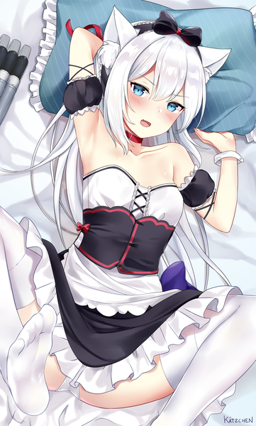 Anime picture 2315x3846 with azur lane hammann (azur lane) kaetzchen single long hair tall image looking at viewer blush fringe highres open mouth blue eyes light erotic hair between eyes bare shoulders signed animal ears silver hair lying cat ears