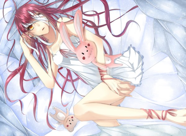 Anime picture 1800x1316 with original shari07 single long hair looking at viewer highres red eyes red hair lying heterochromia bandage over one eye girl dress ribbon (ribbons) bandage (bandages)