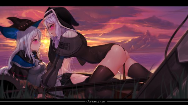 Anime picture 3840x2160 with arknights skadi (arknights) specter (arknights) smlltb long hair blush highres light erotic red eyes wide image multiple girls absurdres sky silver hair cloud (clouds) outdoors parted lips copyright name shiny skin evening