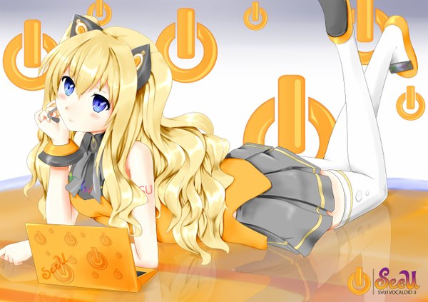 Anime picture 1366x965 with vocaloid seeu single long hair blush blue eyes blonde hair bare shoulders animal ears lying cat ears girl thighhighs skirt miniskirt white thighhighs laptop