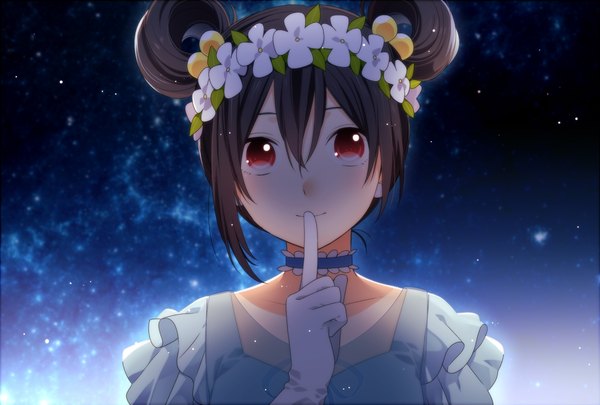 Anime picture 1048x708 with love live! school idol project sunrise (studio) love live! yazawa nico bshi edayo single looking at viewer black hair red eyes hair flower finger to mouth alternate hairstyle hair up girl dress gloves hair ornament flower (flowers) white gloves wreath