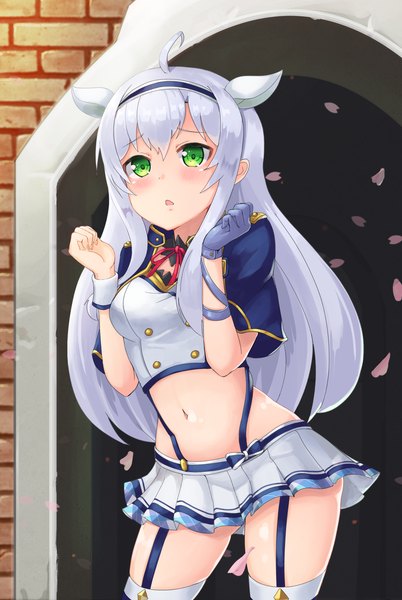 Anime picture 2268x3383 with rokudenashi majutsu kouji to akashic record lidenfilms sistine fiber 2drr single long hair tall image looking at viewer fringe highres breasts open mouth light erotic green eyes animal ears payot silver hair ahoge bare belly brick wall
