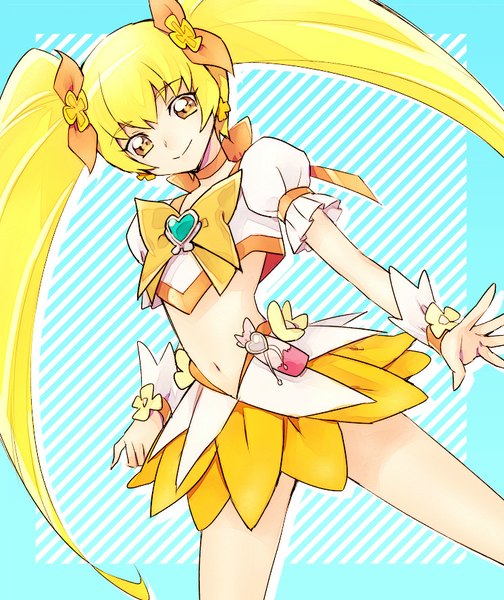 Anime picture 746x888 with precure heartcatch precure! toei animation myoudouin itsuki cure sunshine kurochiroko single long hair tall image looking at viewer blonde hair smile twintails yellow eyes bare belly blue background framed magical girl girl navel