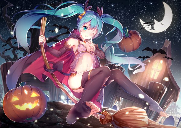 イラスト 2105x1488 と ボーカロイド 初音ミク 雁 ソロ 長髪 カメラ目線 赤面 highres light erotic 笑顔 ツインテール 空 outdoors one eye closed 裸足 aqua eyes ウィンク aqua hair night night sky