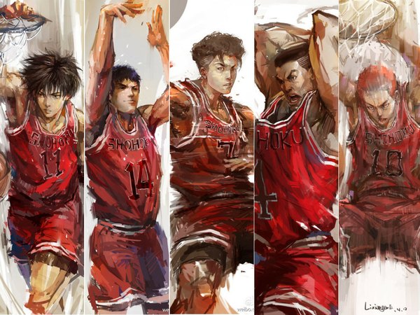 Anime-Bild 1024x768 mit slam dunk (series) sakuragi hanamichi rukawa kaede mitsui hisashi miyagi ryouta akagi takenori lixiaoyaoii short hair open mouth black hair simple background brown hair white background red hair multiple boys group multiview column lineup basketball slam dunk (basketball)