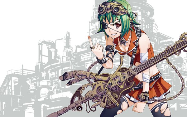 Anime picture 1600x1000 with vocaloid gumi torigoe takumi single looking at viewer short hair wide image brown eyes green hair girl thighhighs miniskirt chain bandage (bandages) eyepatch goggles guitar torn thighhighs