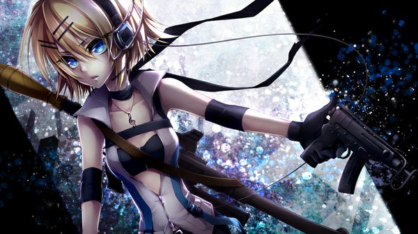 Anime picture 1000x562 with vocaloid kagamine rin ueno tsuki single blush short hair open mouth blue eyes blonde hair wide image bare shoulders looking away open clothes girl gloves hair ornament underwear weapon hairclip headphones