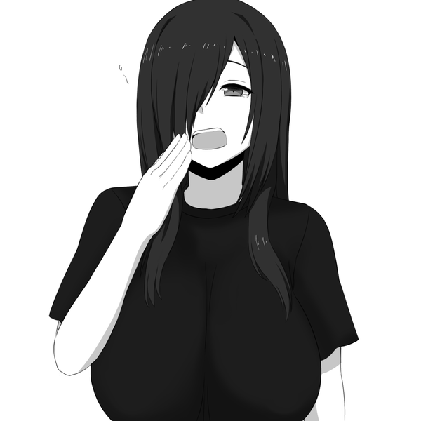 Anime picture 1500x1500 with original pai-chan (nao) nao (ritsancrossover) single long hair looking at viewer fringe breasts open mouth light erotic black hair simple background upper body hair over one eye huge breasts monochrome hand to mouth yawn girl t-shirt