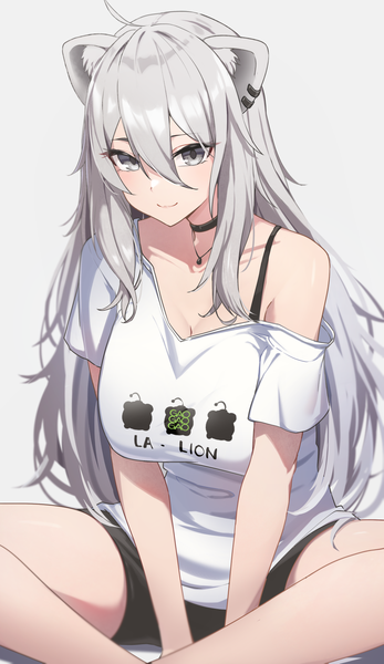 Anime picture 1094x1890 with virtual youtuber hololive shishiro botan shishiro botan (4th costume) reulem single long hair tall image fringe simple background smile hair between eyes sitting animal ears looking away silver hair ahoge grey background official alternate costume silver eyes