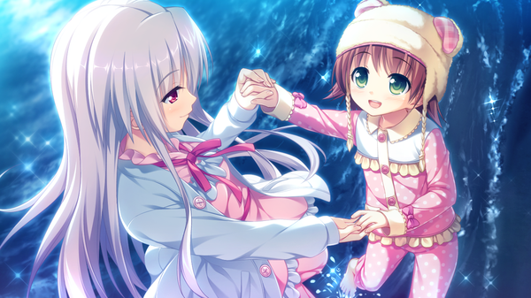 Anime picture 1280x720 with dekinai watashi ga, kurikaesu. akabei soft3 furukawa ren akizora momiji long hair blush short hair open mouth red eyes brown hair wide image multiple girls green eyes game cg white hair girl dress 2 girls cap child (children)