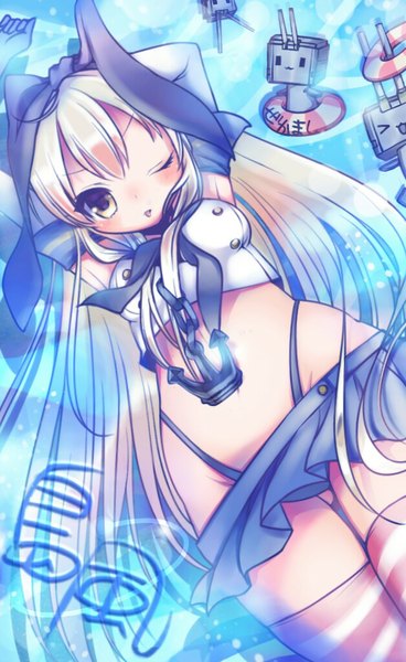 Anime picture 628x1024 with kantai collection shimakaze destroyer rensouhou-chan ro (igris-geo) single long hair tall image looking at viewer blush light erotic yellow eyes lying one eye closed wink arms behind head girl thighhighs gloves bow hair bow